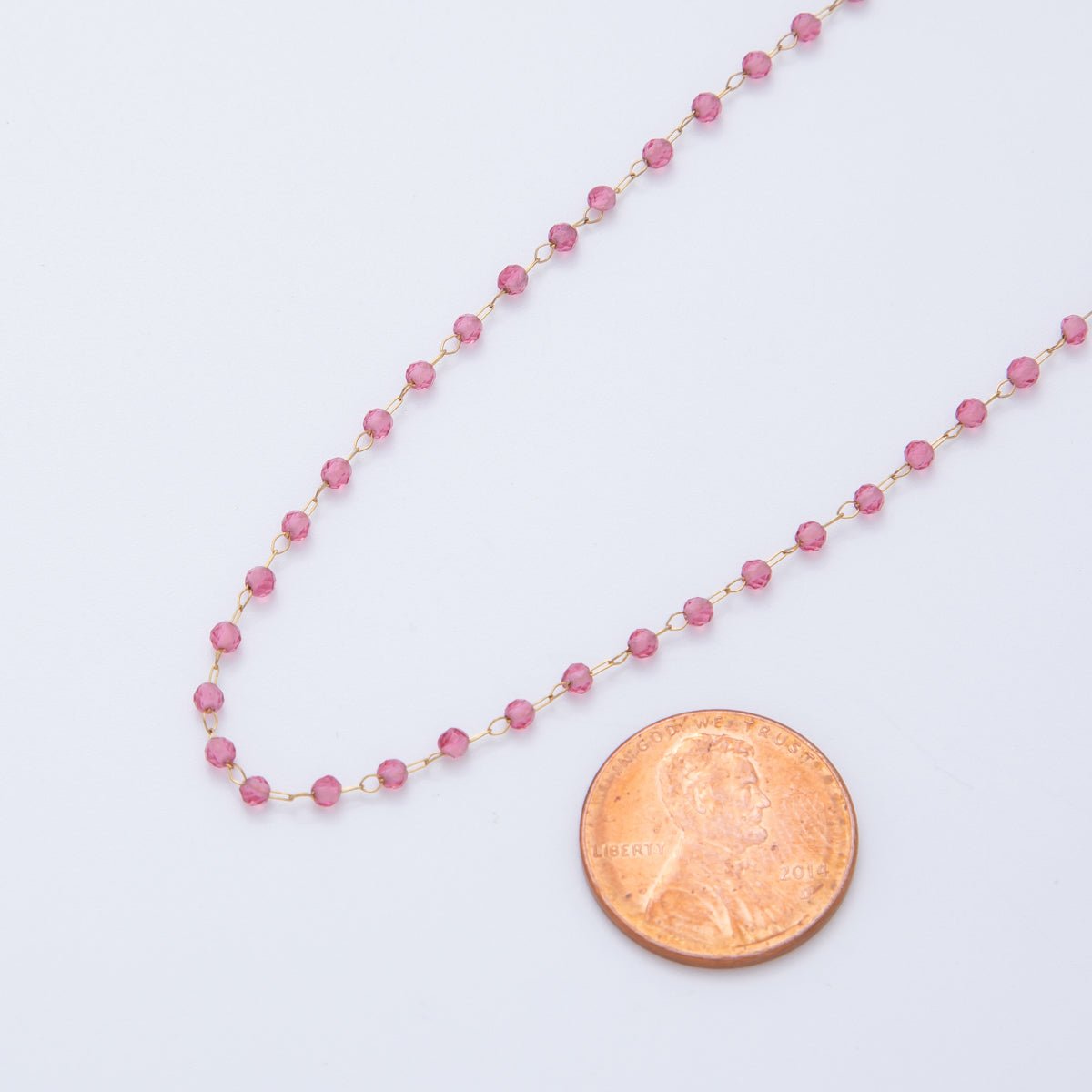 Stainless Steel Pink Multifaceted Round Gemstone Cable Unfinished Chain by Yard | Roll - 1613 - DLUXCA