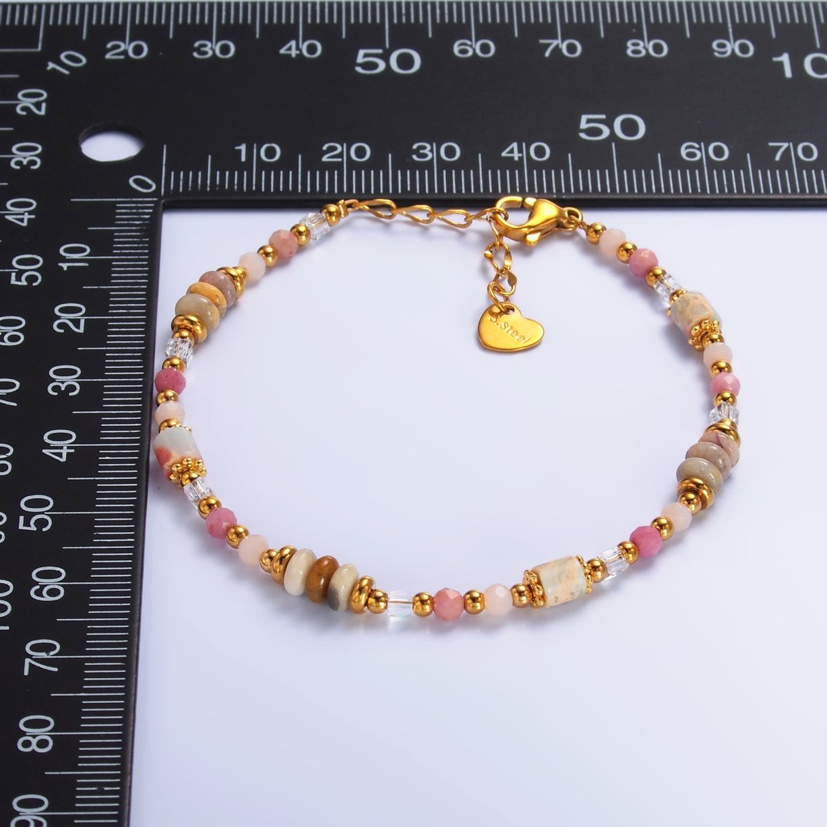 Stainless Steel Pink Rose Quartz Natural Gemstone 7 Inch Bracelet | WA - 3130 - DLUXCA