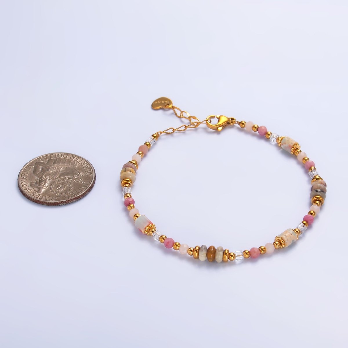 Stainless Steel Pink Rose Quartz Natural Gemstone 7 Inch Bracelet | WA - 3130 - DLUXCA