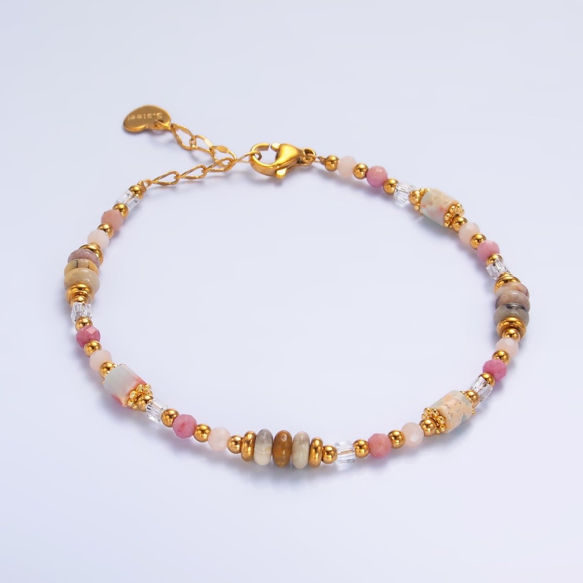 Stainless Steel Pink Rose Quartz Natural Gemstone 7 Inch Bracelet | WA - 3130 - DLUXCA