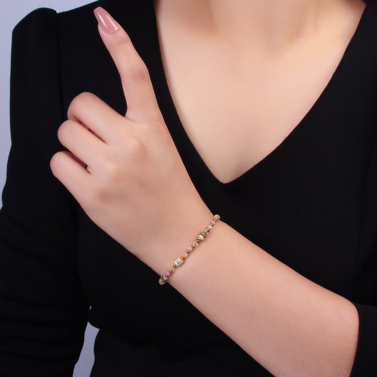 Stainless Steel Pink Rose Quartz Natural Gemstone 7 Inch Bracelet | WA - 3130 - DLUXCA