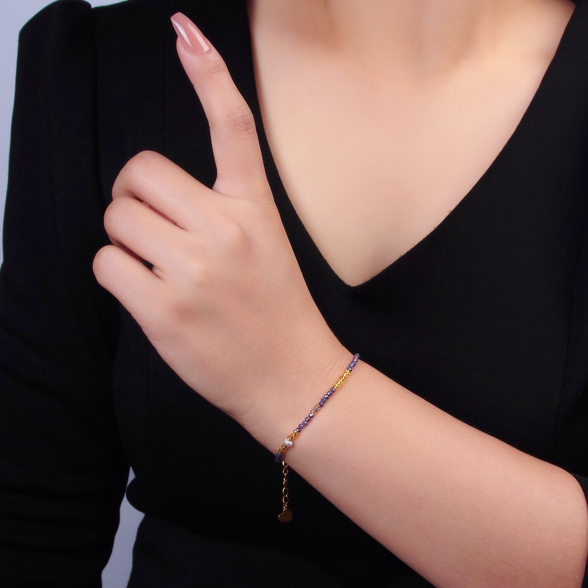 Stainless Steel Purple Amethyst Crystal Gemstone Bead 7 Inch Bracelet | WA - 3116 - DLUXCA