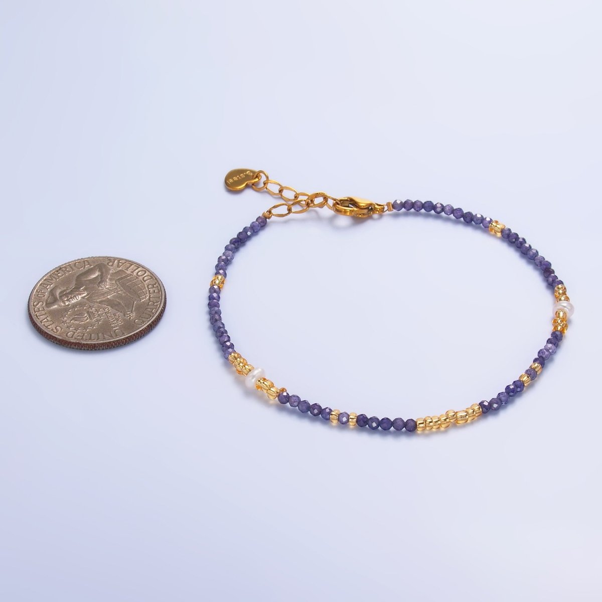 Stainless Steel Purple Amethyst Crystal Gemstone Bead 7 Inch Bracelet | WA - 3116 - DLUXCA