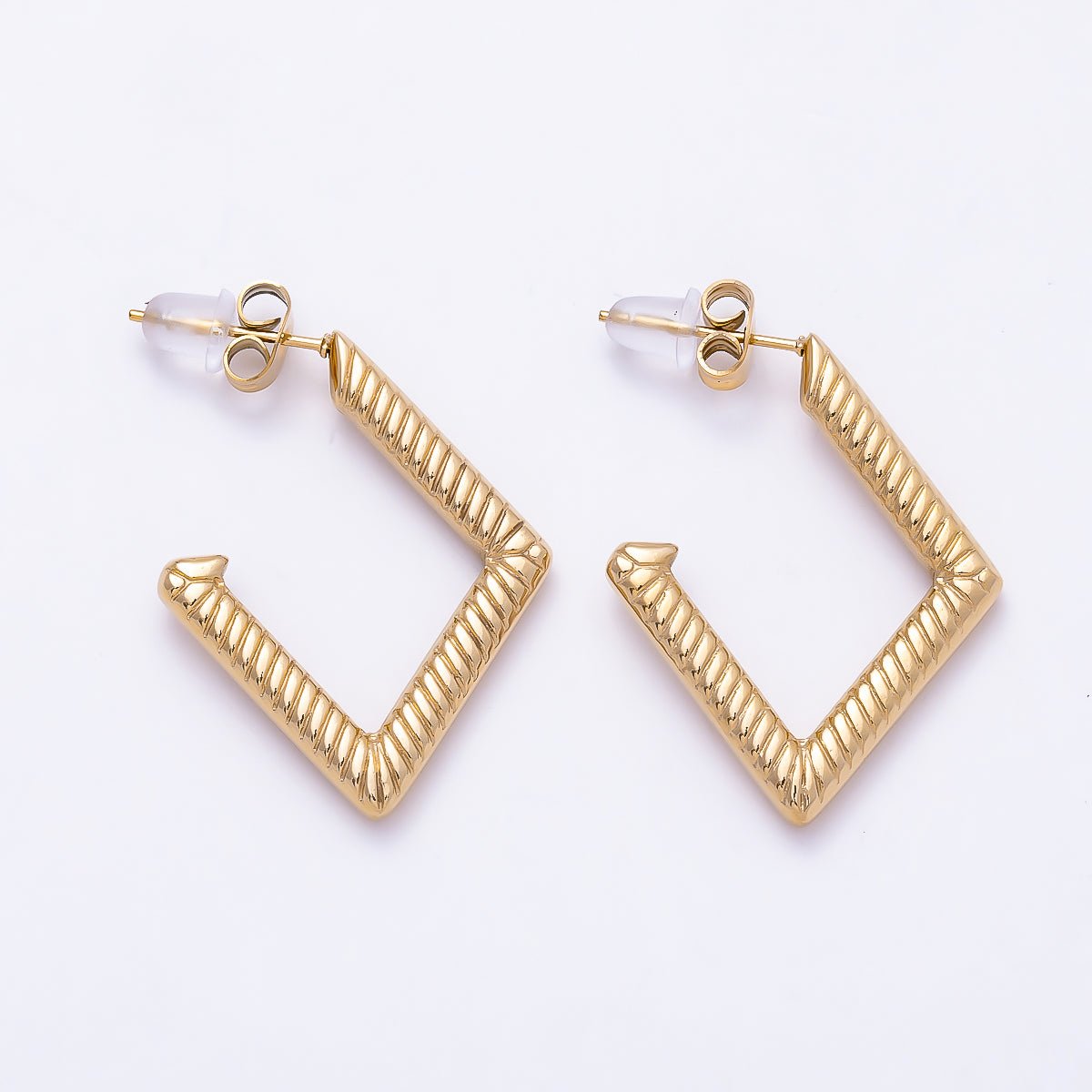 Stainless Steel PVD 19mm Ribbed Geometric Rhombus C-Shaped Hoop | Earrings-00747 - DLUXCA