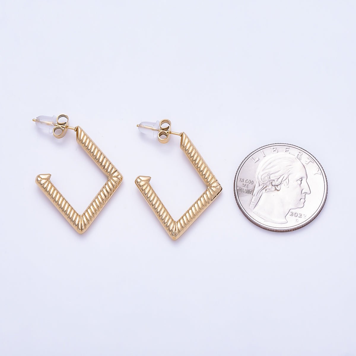 Stainless Steel PVD 19mm Ribbed Geometric Rhombus C-Shaped Hoop | Earrings-00747 - DLUXCA