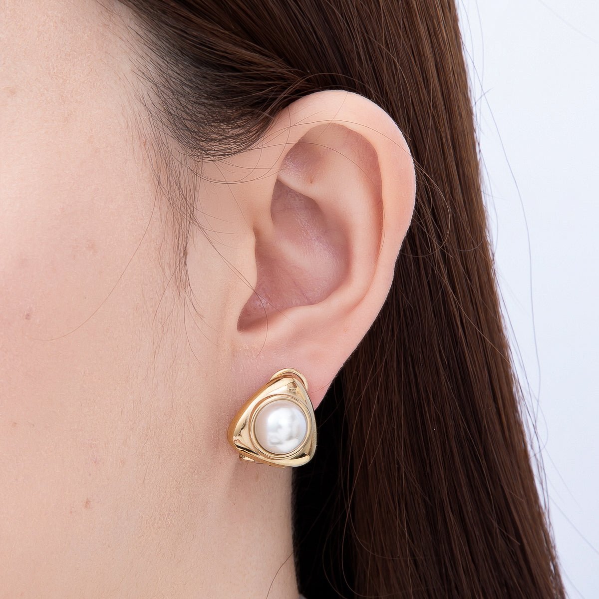 Stainless Steel PVD 20mm Shell Pearl Bezel Triangle Stud Earrings | Earrings-00746 - DLUXCA