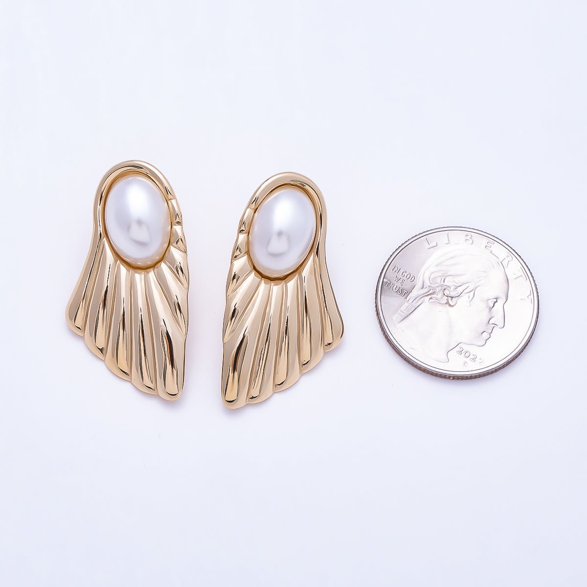 Stainless Steel PVD 25mm Shell Pearl Ribbed Geometric Stud Earrings | Earrings-00751 - DLUXCA