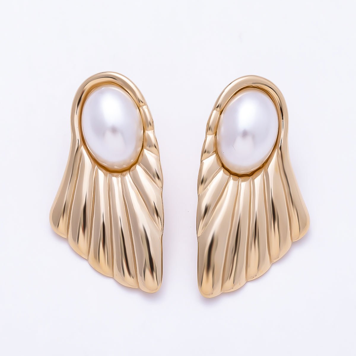 Stainless Steel PVD 25mm Shell Pearl Ribbed Geometric Stud Earrings | Earrings-00751 - DLUXCA