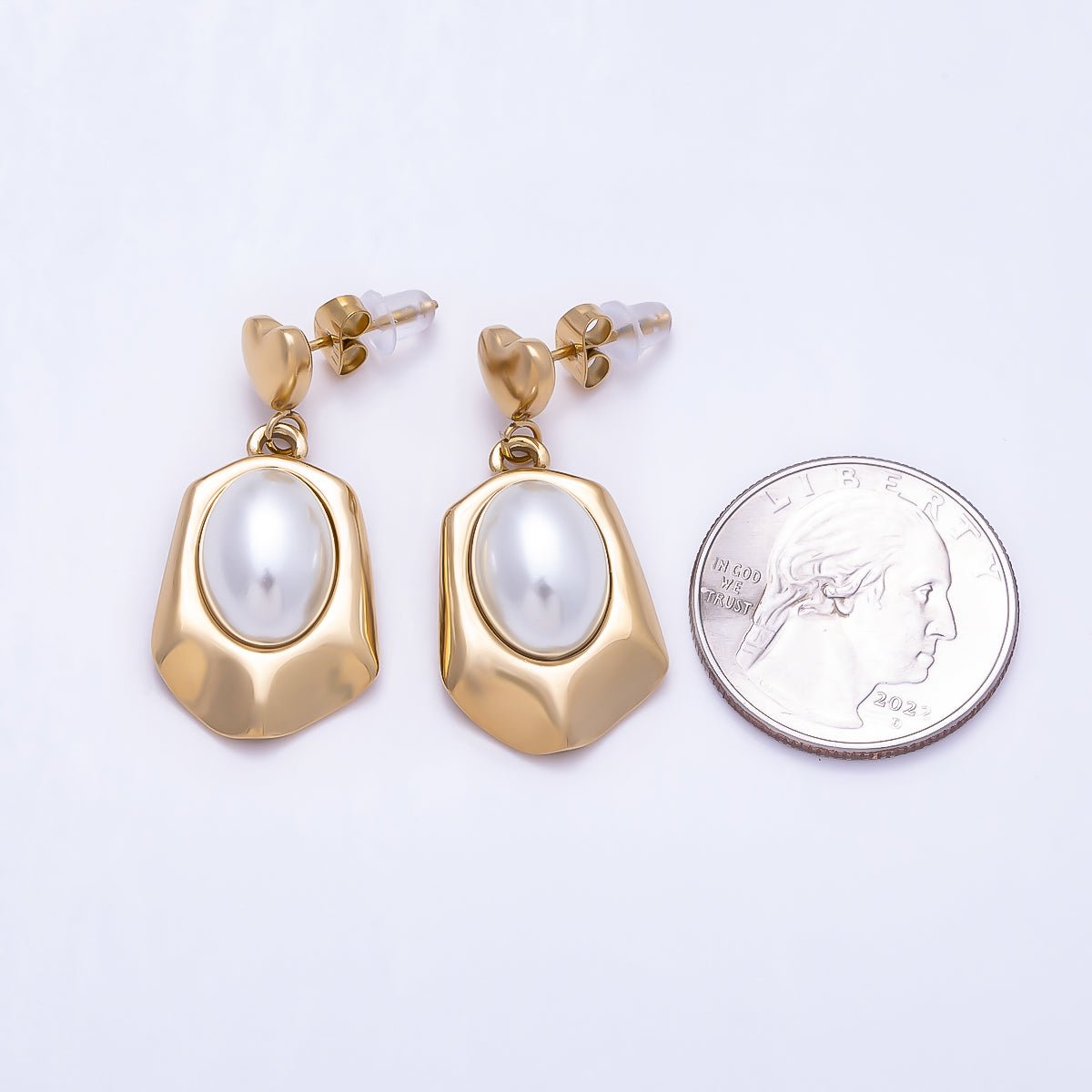 Stainless Steel PVD 34mm Shell Pearl Cabochon Geometric Heart Drop Stud | Earrings-00745 - DLUXCA