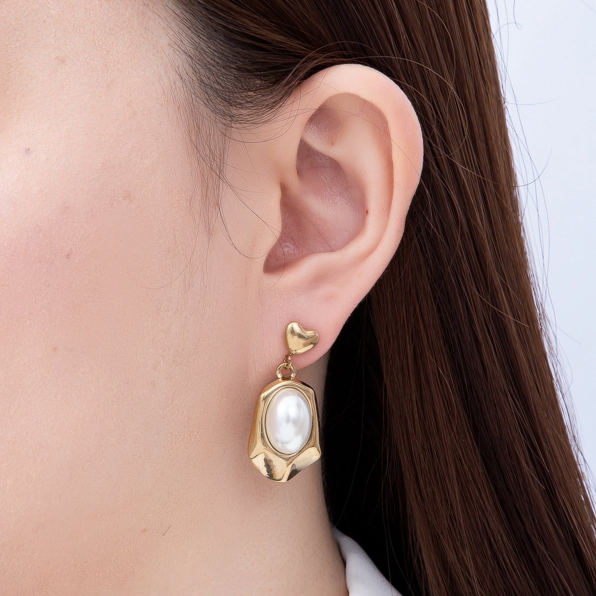 Stainless Steel PVD 34mm Shell Pearl Cabochon Geometric Heart Drop Stud | Earrings-00745 - DLUXCA
