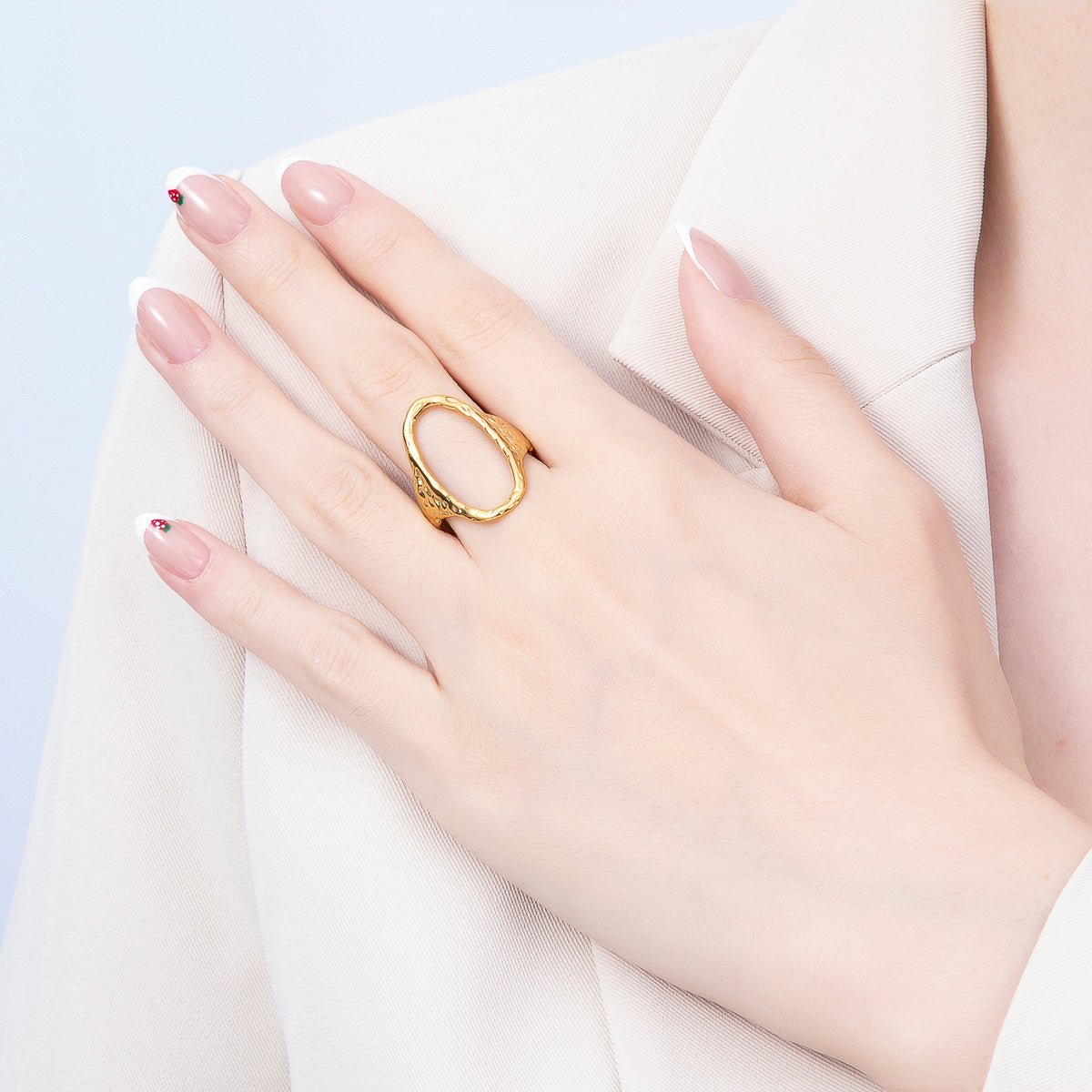 Stainless Steel PVD Open Ova Molten Hammered Geometric Ring | Rings-00324 - DLUXCA