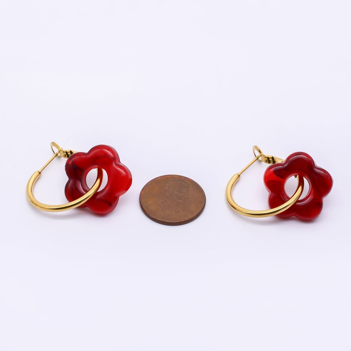 Stainless Steel Red, Black, Blue, Green Resin Flower Hinge Hoop Earrings | AI535 - AI538 - DLUXCA
