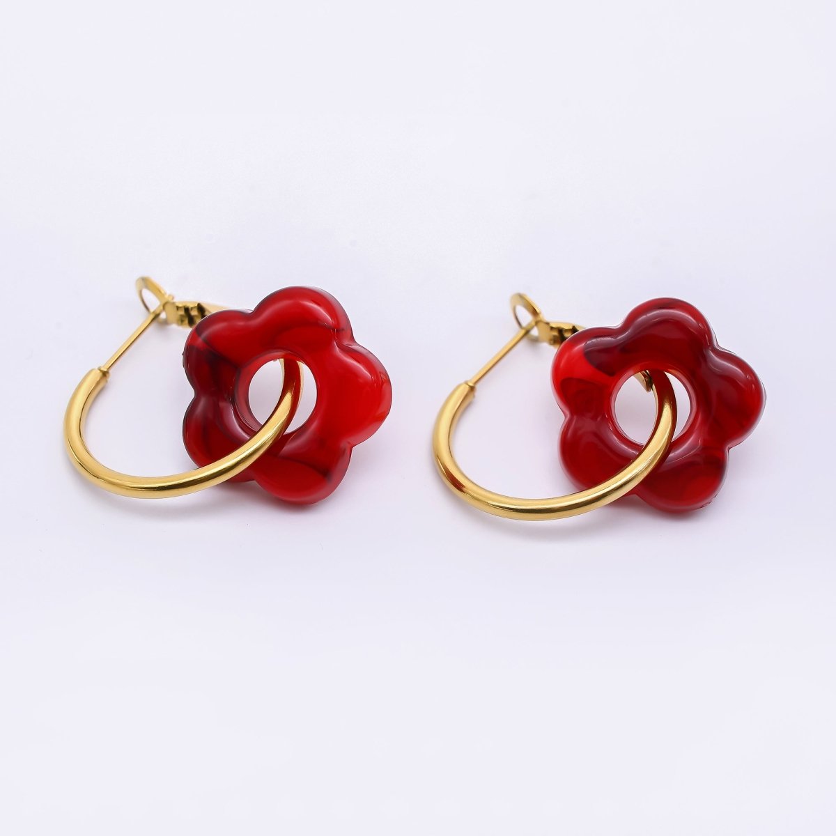 Stainless Steel Red, Black, Blue, Green Resin Flower Hinge Hoop Earrings | AI535 - AI538 - DLUXCA