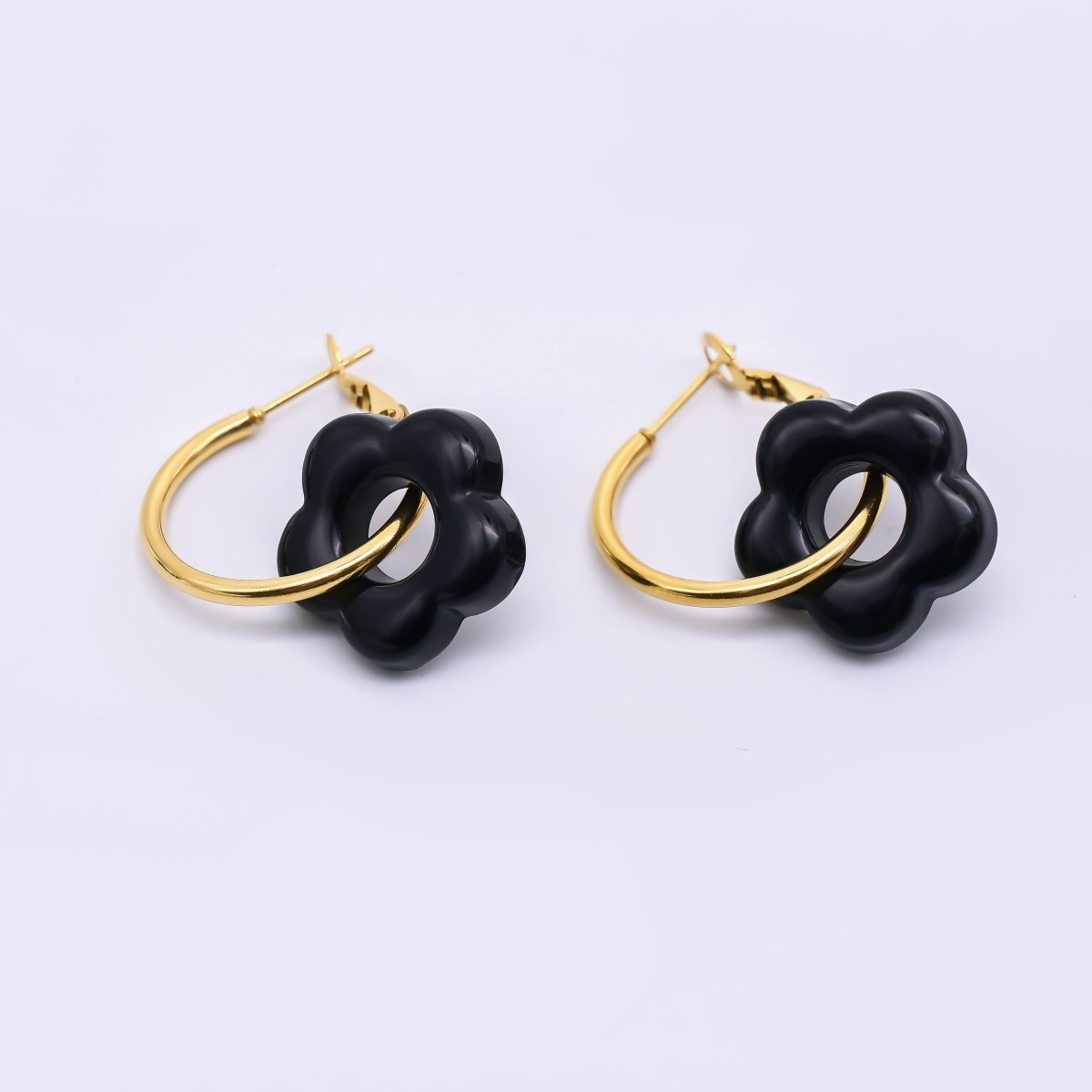 Stainless Steel Red, Black, Blue, Green Resin Flower Hinge Hoop Earrings | AI535 - AI538 - DLUXCA