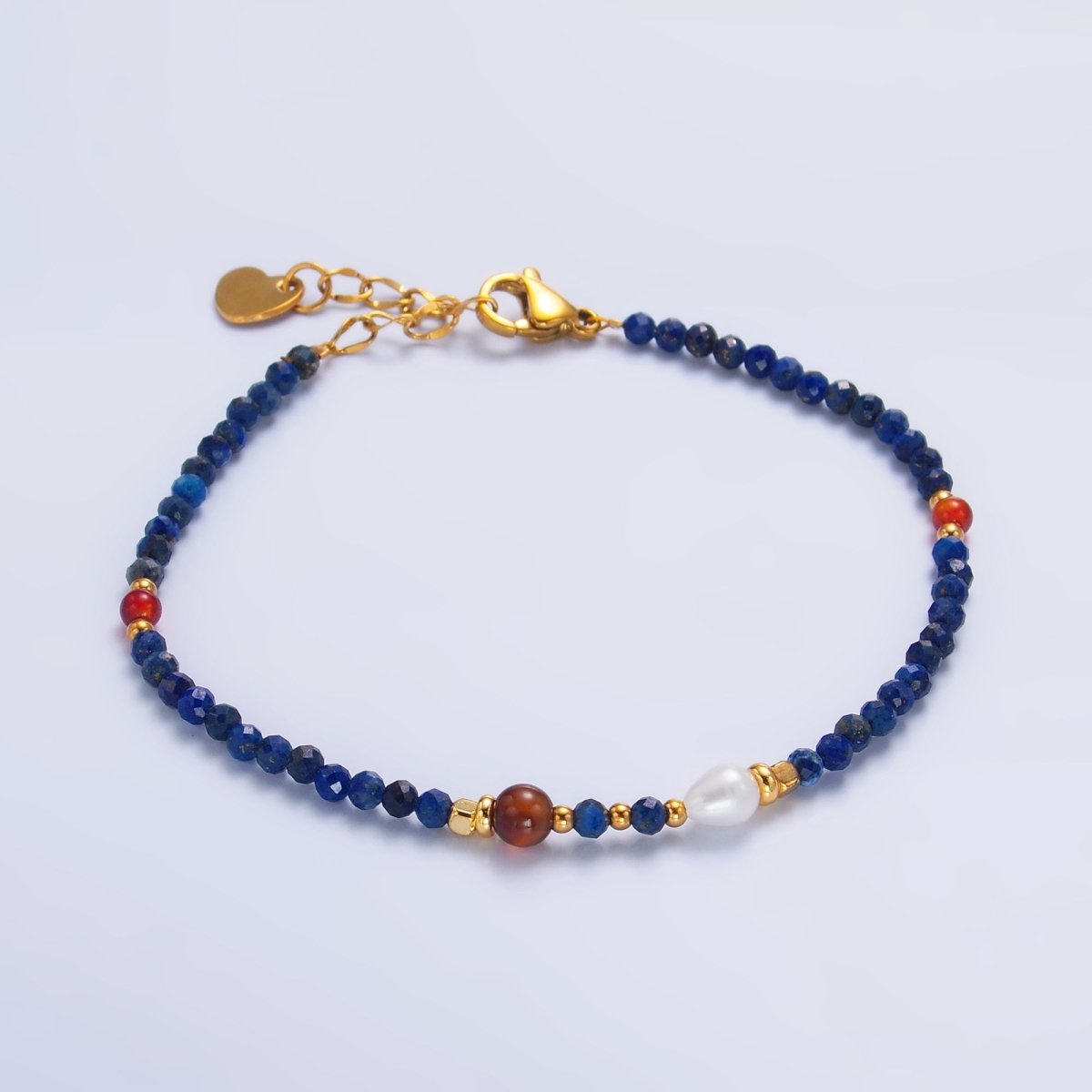 Stainless Steel Red Blue Lapis Lazuli Natural Gemstone Bead 7 Inch Bracelet | WA - 3114 - DLUXCA
