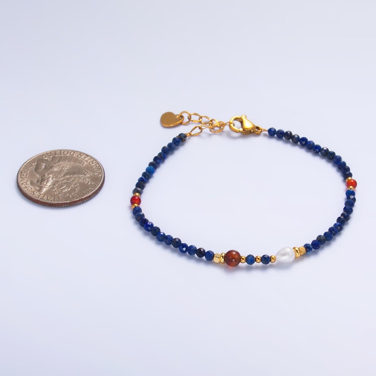 Stainless Steel Red Blue Lapis Lazuli Natural Gemstone Bead 7 Inch Bracelet | WA - 3114 - DLUXCA