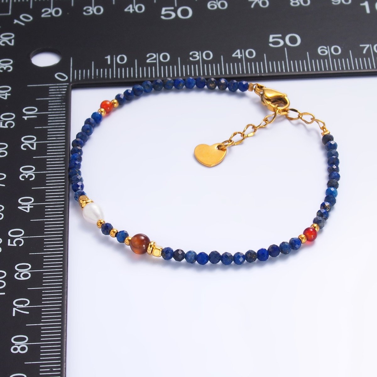 Stainless Steel Red Blue Lapis Lazuli Natural Gemstone Bead 7 Inch Bracelet | WA - 3114 - DLUXCA