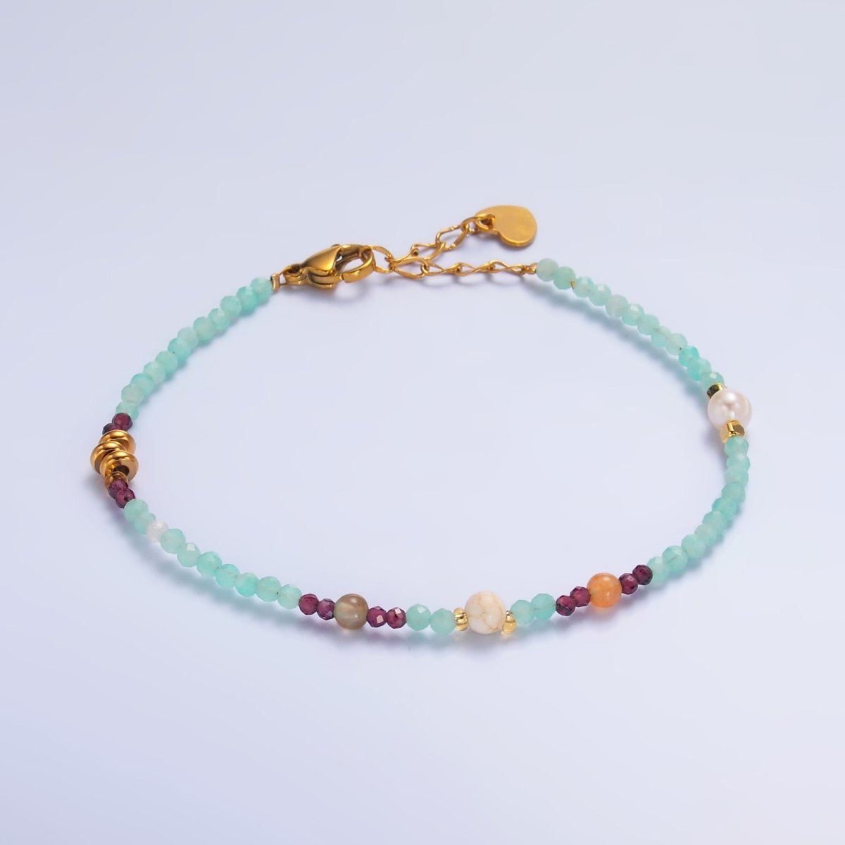 Stainless Steel Red Blue Multifaceted Crystal Gemstone 7 Inch Bracelet | WA - 3133 - DLUXCA