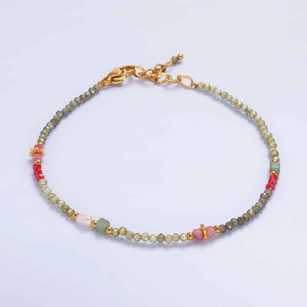 Stainless Steel Red - Pink Green Multifaceted Crystal Gemstone 7 Inch Bracelet | WA - 3134 - DLUXCA