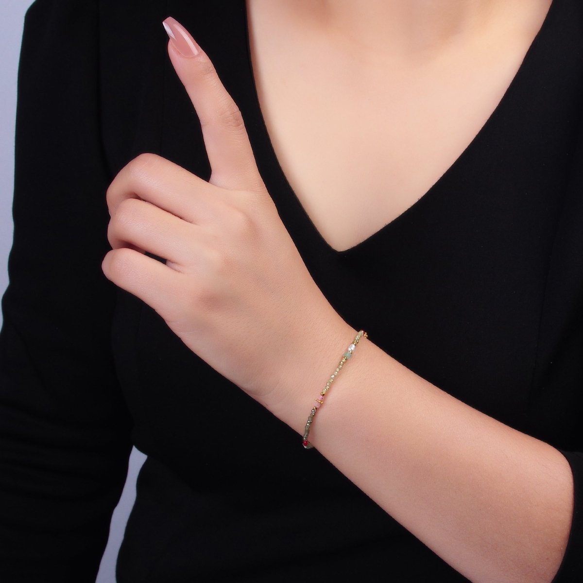 Stainless Steel Red - Pink Green Multifaceted Crystal Gemstone 7 Inch Bracelet | WA - 3134 - DLUXCA