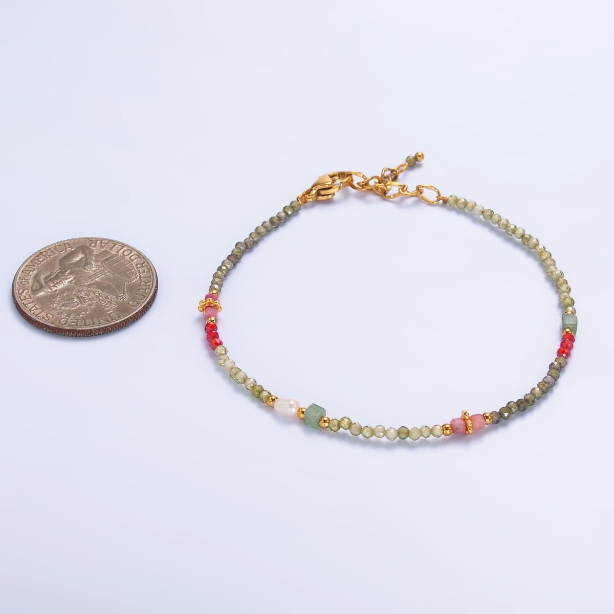 Stainless Steel Red - Pink Green Multifaceted Crystal Gemstone 7 Inch Bracelet | WA - 3134 - DLUXCA