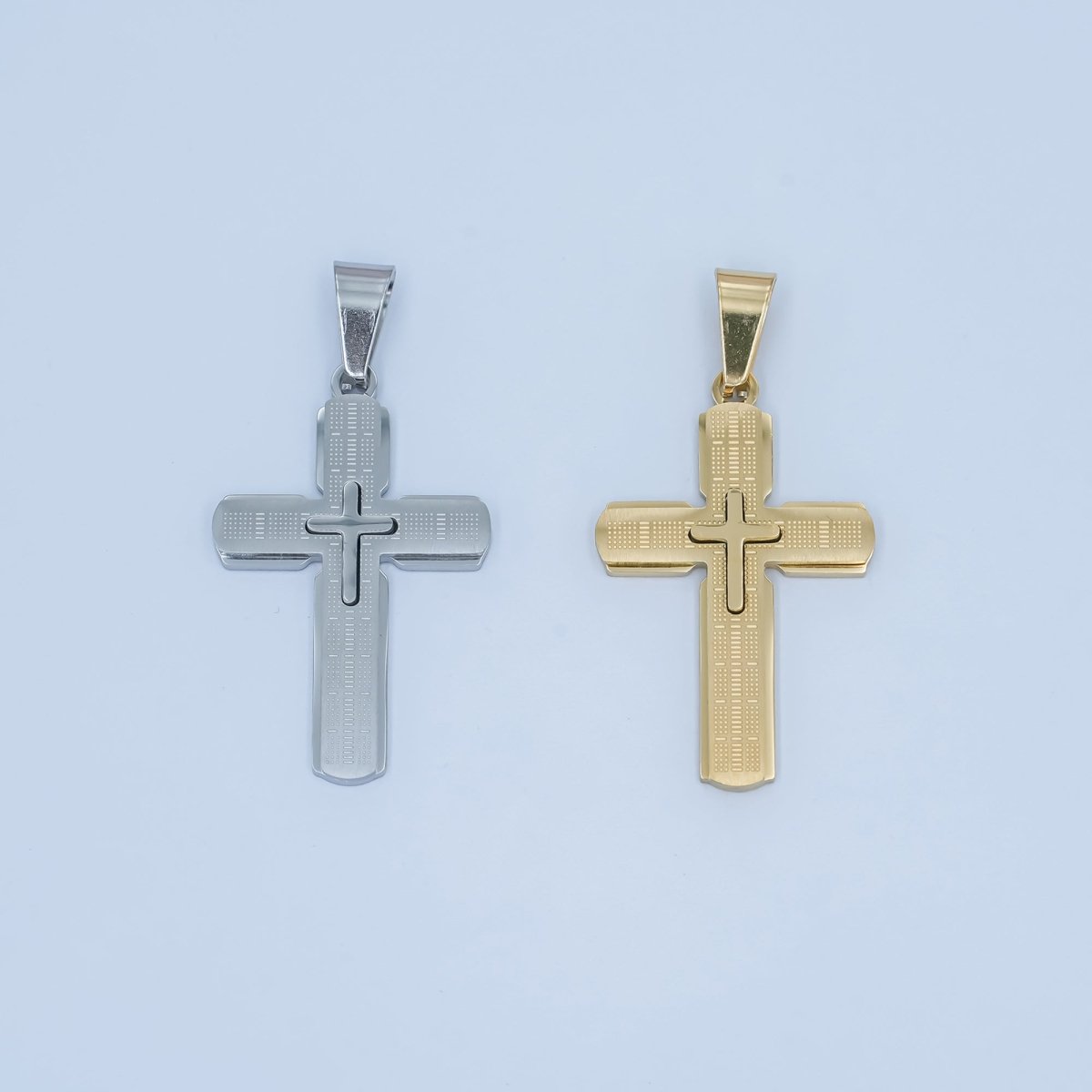 Stainless Steel Religious Cross Line - Textured Pendant in Gold & Silver | P1171 - DLUXCA