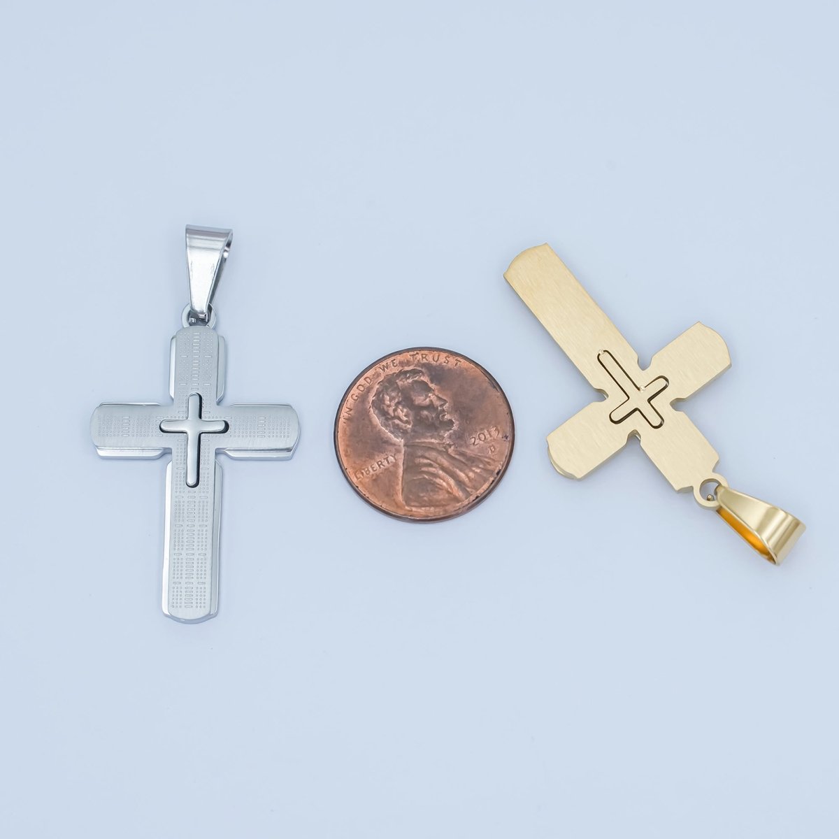 Stainless Steel Religious Cross Line - Textured Pendant in Gold & Silver | P1171 - DLUXCA