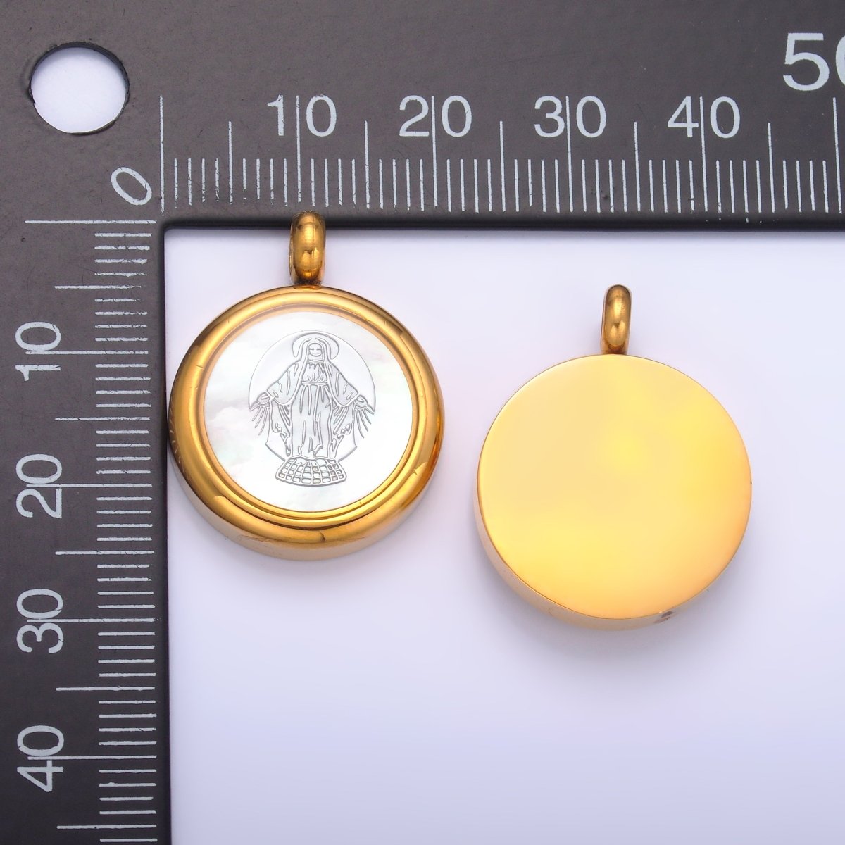 Stainless Steel Religious Mother Mary Shell Pearl Round Bezel Pendant | P820 - DLUXCA
