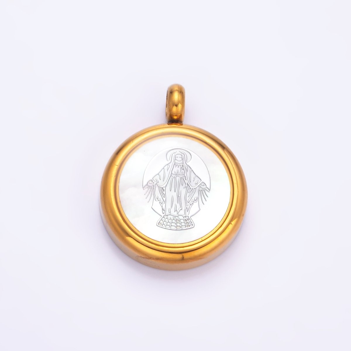 Stainless Steel Religious Mother Mary Shell Pearl Round Bezel Pendant | P820 - DLUXCA