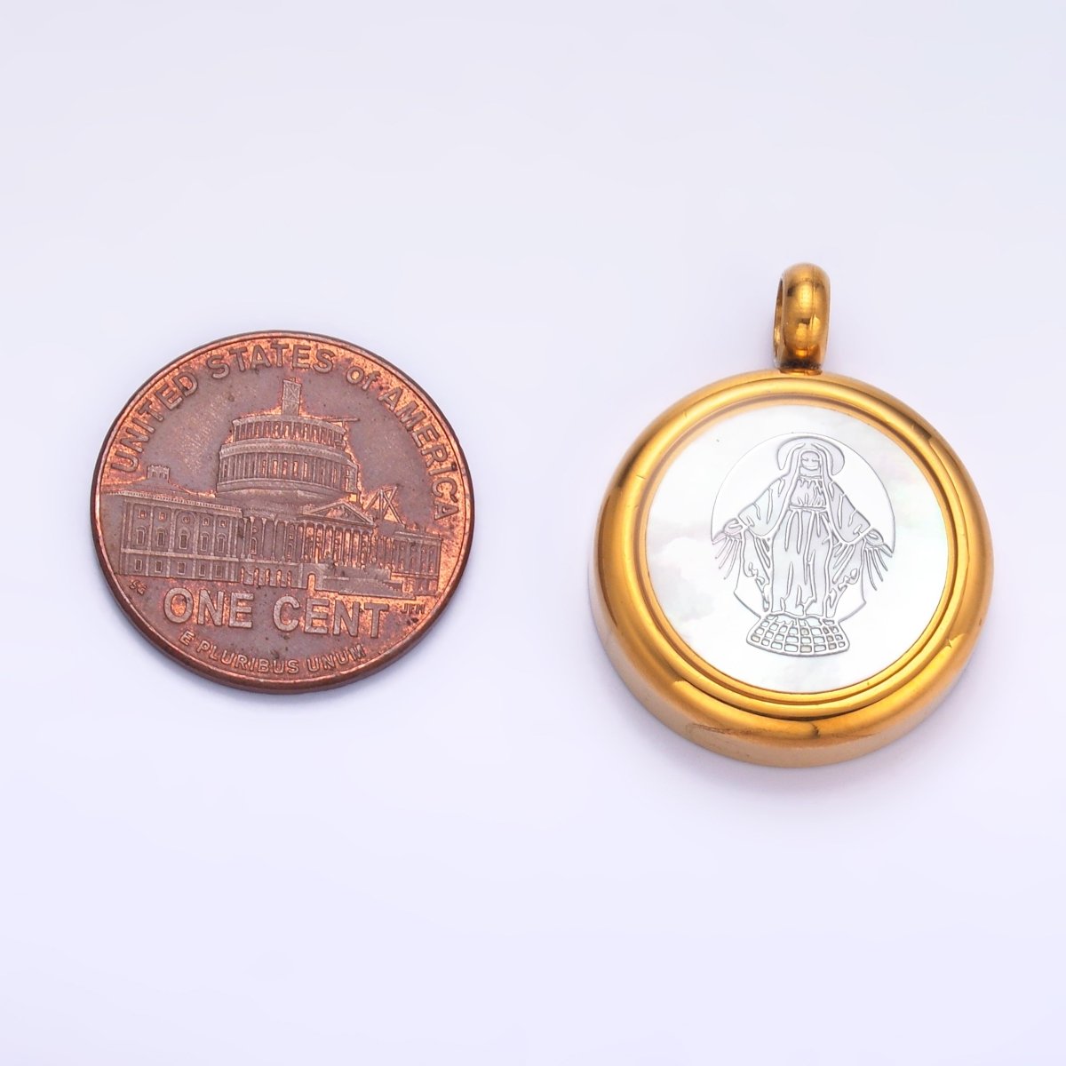 Stainless Steel Religious Mother Mary Shell Pearl Round Bezel Pendant | P820 - DLUXCA