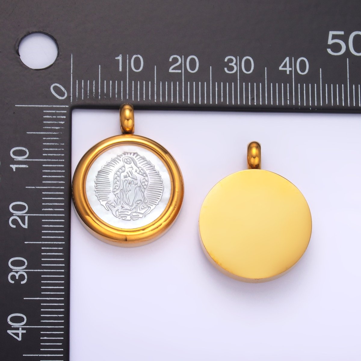 Stainless Steel Religious Mother Mary Shell Pearl Round Pendant | P833 - DLUXCA