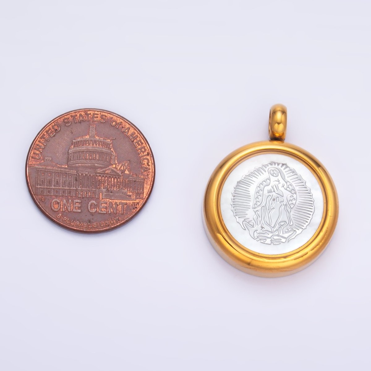 Stainless Steel Religious Mother Mary Shell Pearl Round Pendant | P833 - DLUXCA