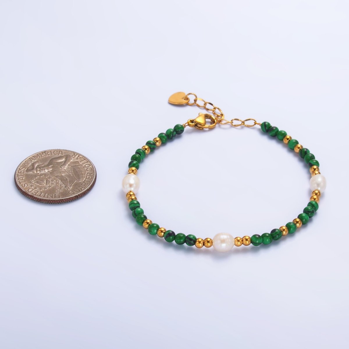 Stainless Steel Ringed Freshwater Pearl Bead Malachite Natural Gemstone Bead 6.5 Inch Bracelet | WA - 3135 - DLUXCA