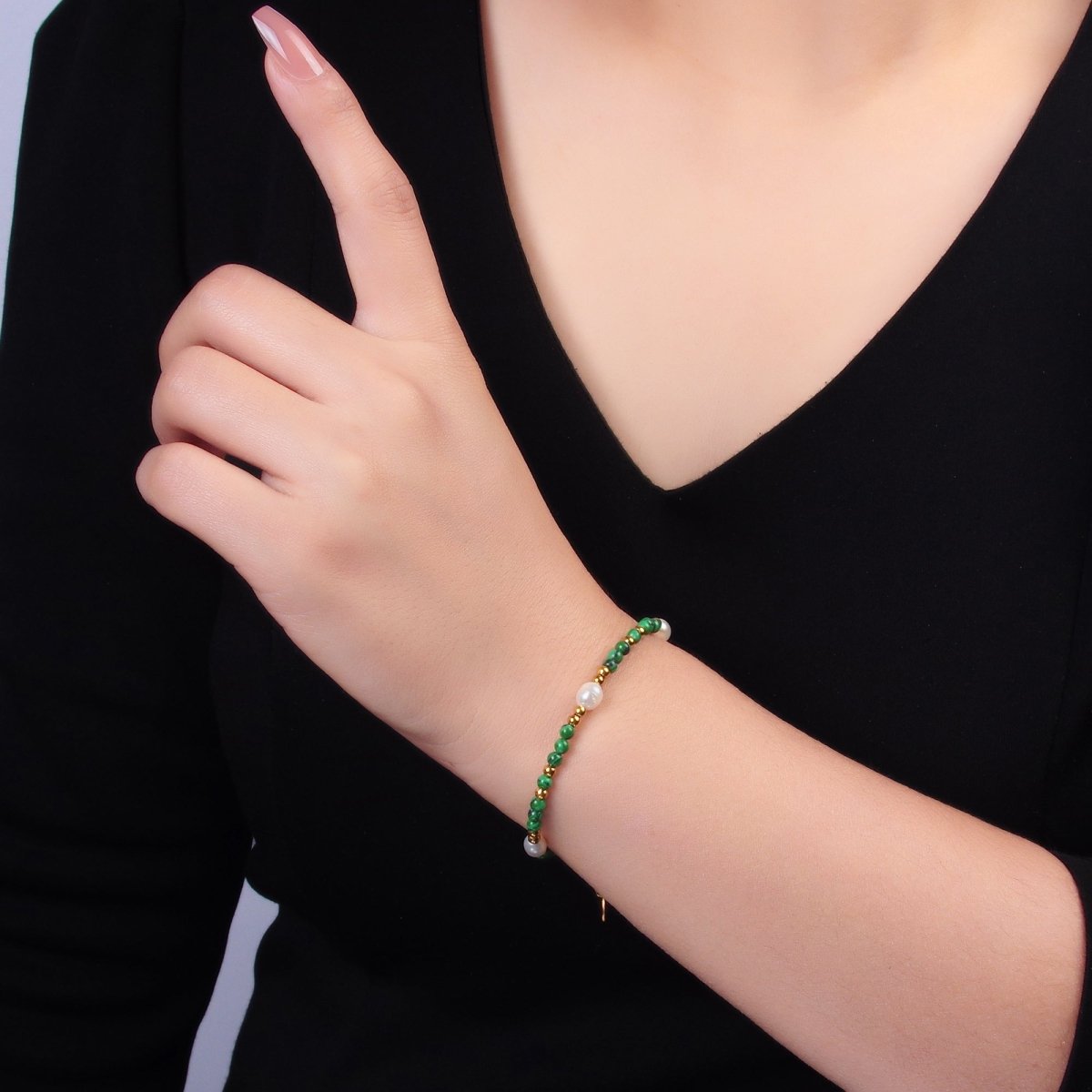 Stainless Steel Ringed Freshwater Pearl Bead Malachite Natural Gemstone Bead 6.5 Inch Bracelet | WA - 3135 - DLUXCA