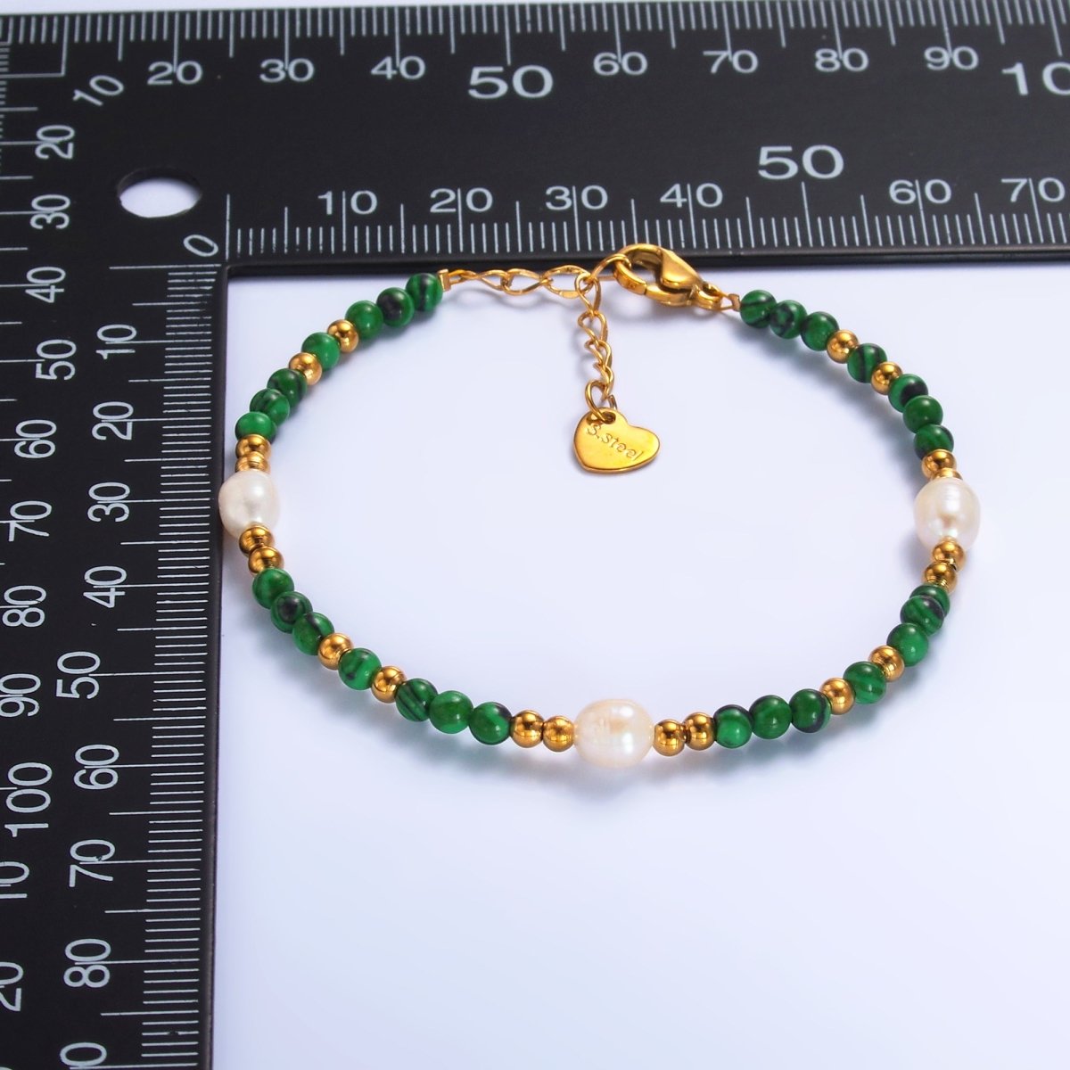 Stainless Steel Ringed Freshwater Pearl Bead Malachite Natural Gemstone Bead 6.5 Inch Bracelet | WA - 3135 - DLUXCA