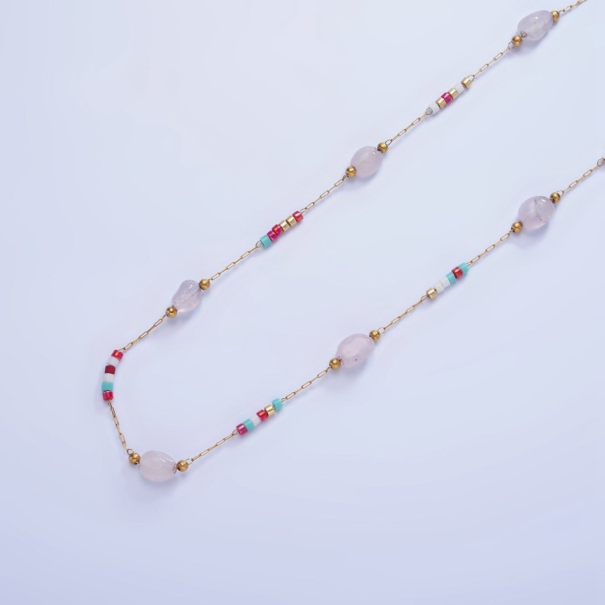 Stainless Steel Rose Quartz Multicolor Rhondelle Bead Paperclip Chain by Yard | Roll-1511 - DLUXCA
