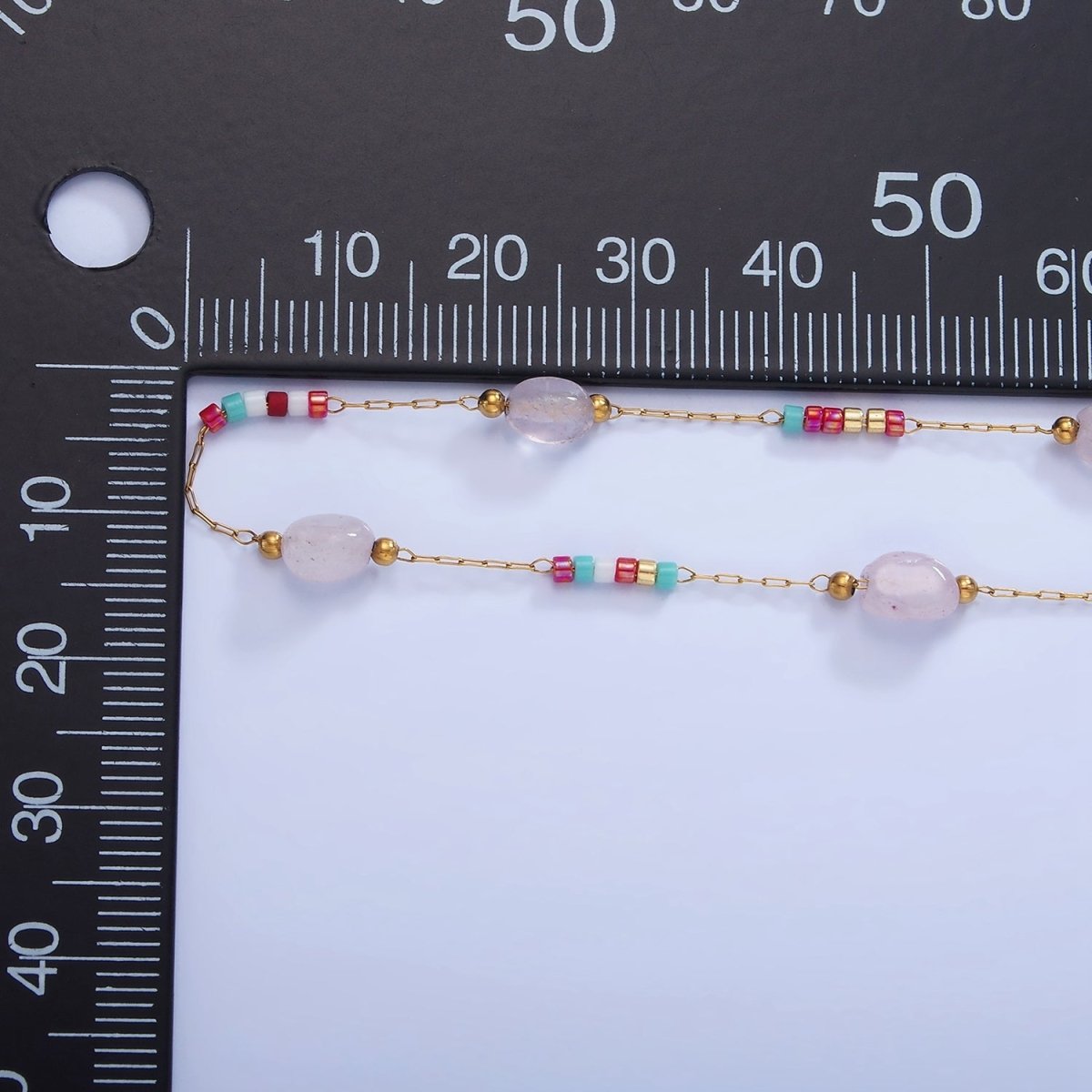 Stainless Steel Rose Quartz Multicolor Rhondelle Bead Paperclip Chain by Yard | Roll-1511 - DLUXCA