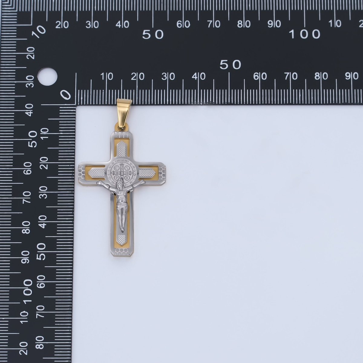 Stainless Steel Saint Benedict Jesus Crucifix Cross Mixed Metal Pendant | P969 - DLUXCA
