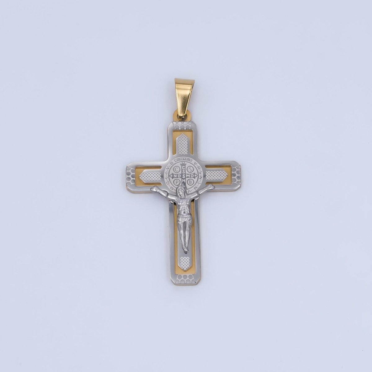 Stainless Steel Saint Benedict Jesus Crucifix Cross Mixed Metal Pendant | P969 - DLUXCA
