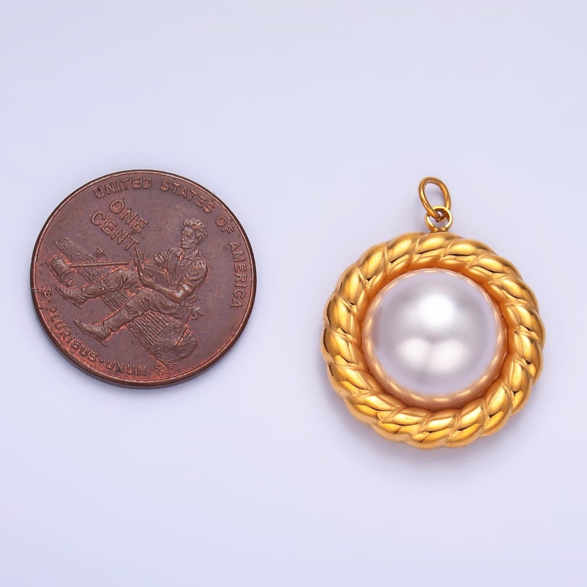 Stainless Steel Shell Pearl Croissant Bezel Round Charm | P735 - DLUXCA