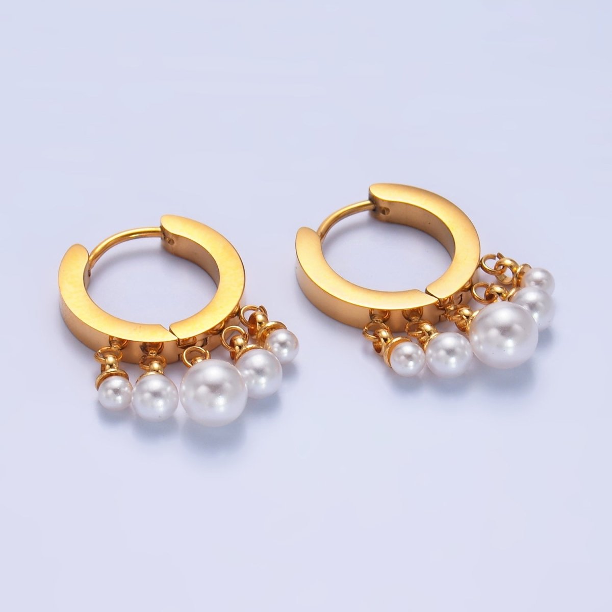 Stainless Steel Shell Pearl Drop Huggie Earrings | T118 - DLUXCA