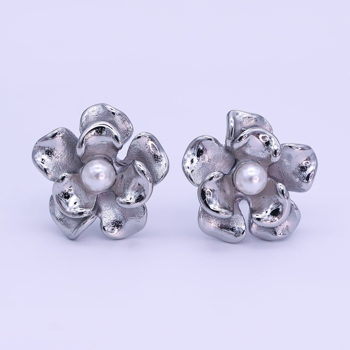 Stainless Steel Shell Pearl Foil Flower Stud Earrings in Gold & Silver | AI532 AJ016 - DLUXCA