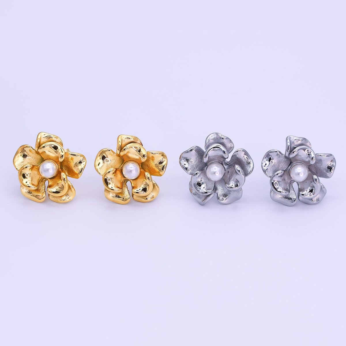 Stainless Steel Shell Pearl Foil Flower Stud Earrings in Gold & Silver | AI532 AJ016 - DLUXCA