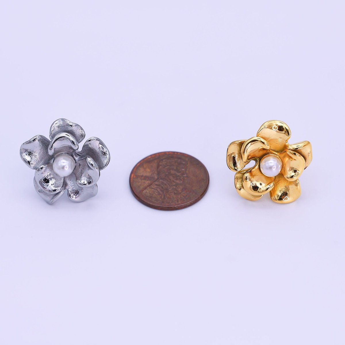 Stainless Steel Shell Pearl Foil Flower Stud Earrings in Gold & Silver | AI532 AJ016 - DLUXCA