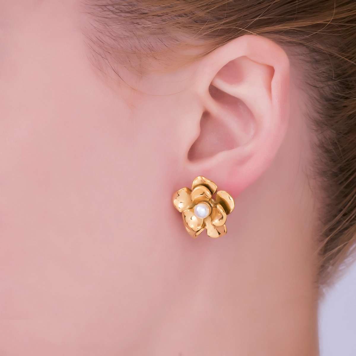 Stainless Steel Shell Pearl Foil Flower Stud Earrings in Gold & Silver | AI532 AJ016 - DLUXCA