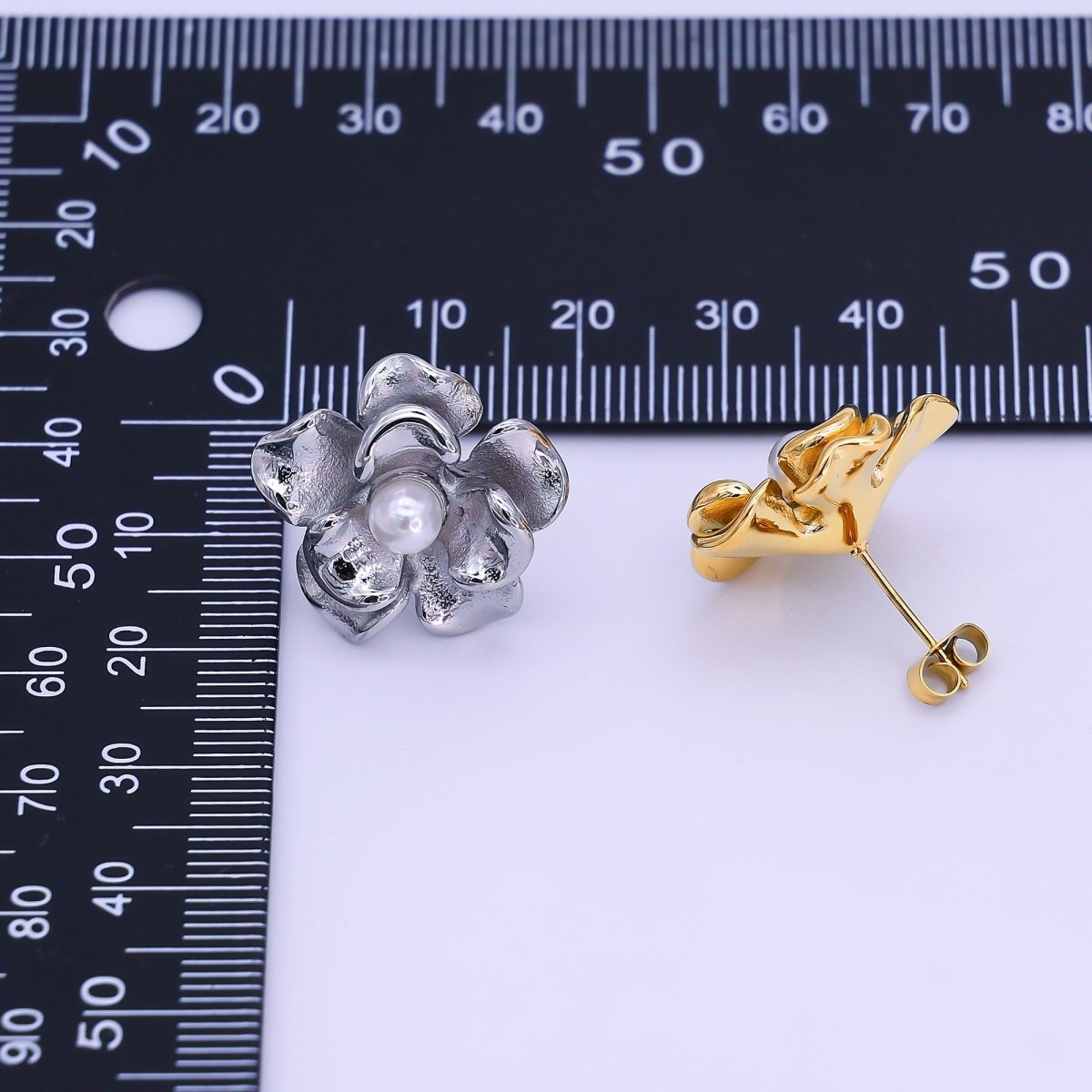 Stainless Steel Shell Pearl Foil Flower Stud Earrings in Gold & Silver | AI532 AJ016 - DLUXCA
