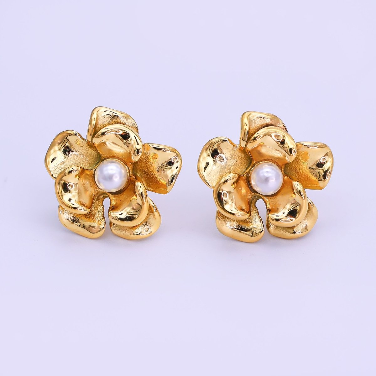 Stainless Steel Shell Pearl Foil Flower Stud Earrings in Gold & Silver | AI532 AJ016 - DLUXCA