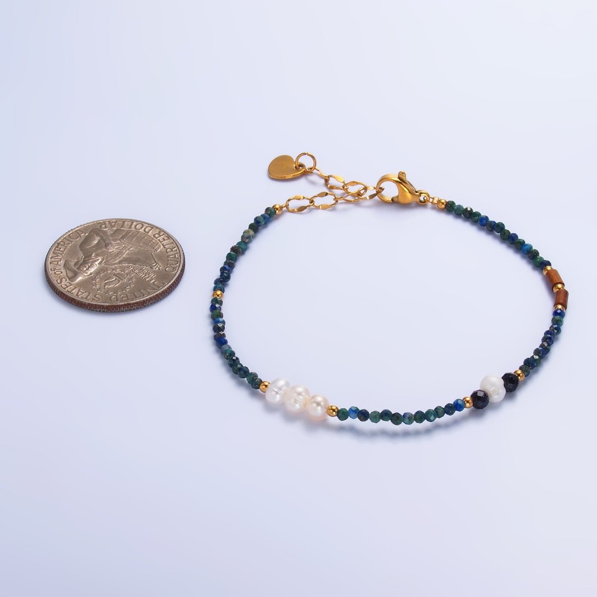 Stainless Steel Shell Pearl Lapis Lazuli Natural Gemstone 6.5 Inch Bracelet | WA - 3117 - DLUXCA