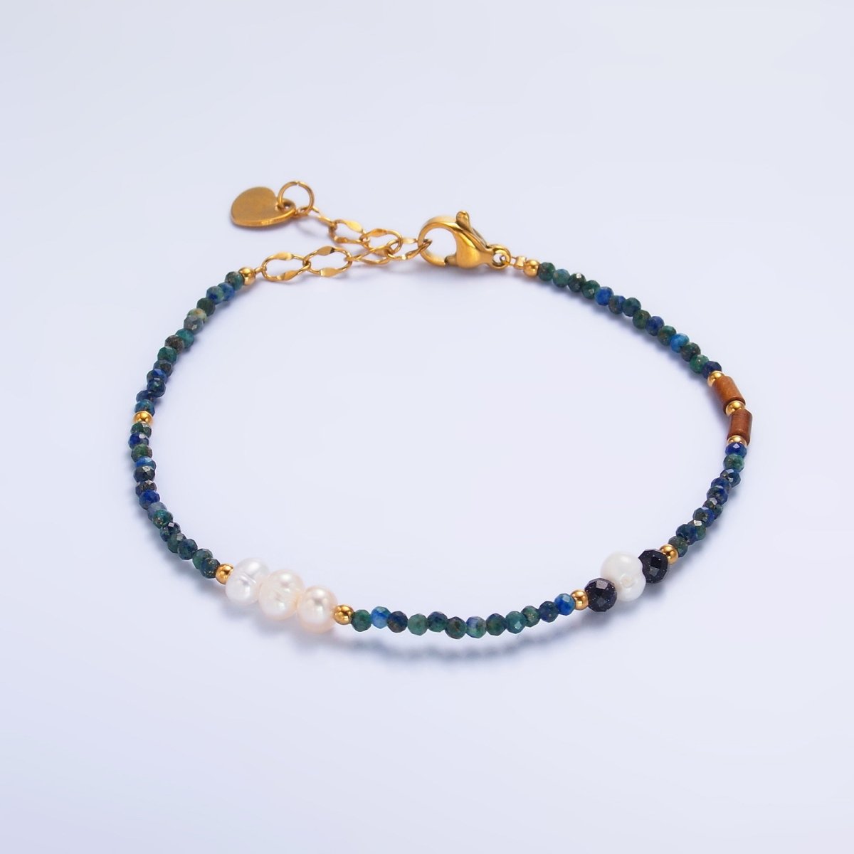 Stainless Steel Shell Pearl Lapis Lazuli Natural Gemstone 6.5 Inch Bracelet | WA - 3117 - DLUXCA