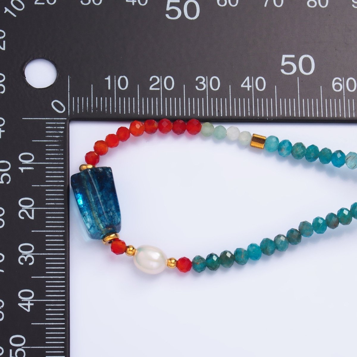 Stainless Steel Shell Pearl Red Blue Natural Gemstone 16.5 Inch Choker Necklace | WA - 3103 - DLUXCA